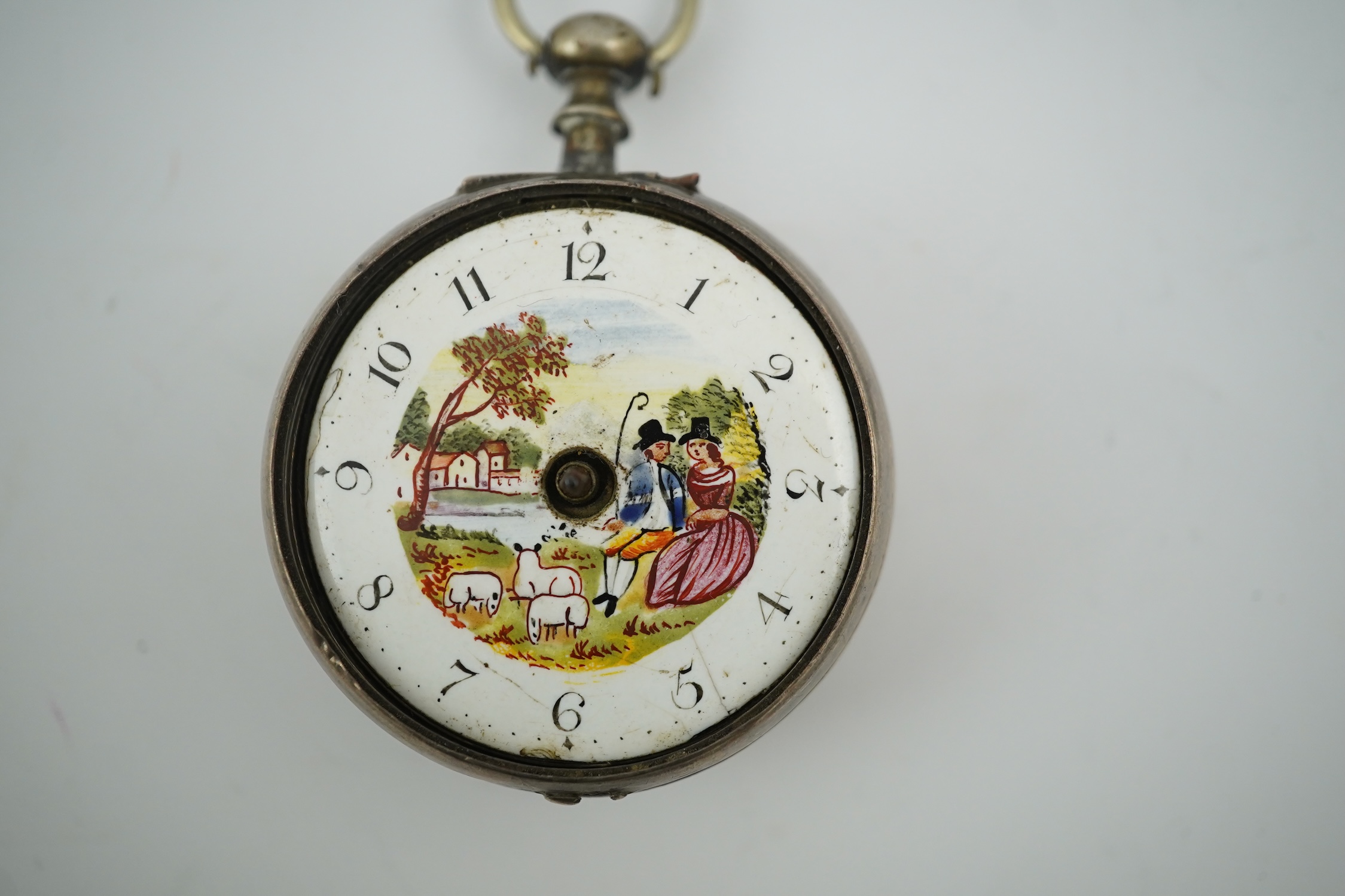 A George III silver verge key wind pocket watch, by Smith of Dublin, with painted dial, case diameter 41mm, lacking hands and glass. Condition - poor.